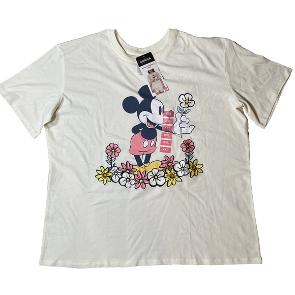 Disney Mickey Mouse Womens Size XXL Embroidered Flowers Cream SS T-shirt Freeze - Picture 1 of 12
